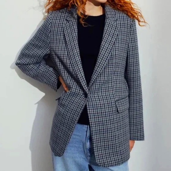 H&M Single-Breasted Houndstooth Blazer - Blue Brown Green Gray - US M - Picture 1 of 11